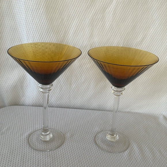 Vintage Tall  Smokey Brown Martini Glasses with clear stem.  5.75” x 8.75” - Picture 3 of 6